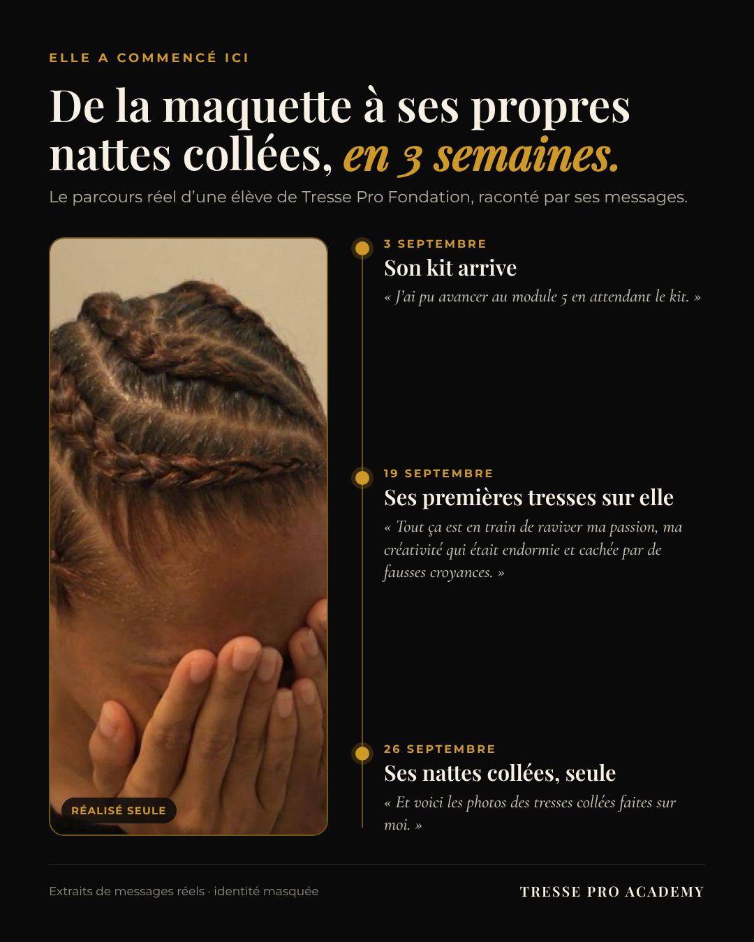 Le parcours d'une élève de Tresse Pro Fondation : de la réception du kit à ses propres nattes collées en 3 semaines